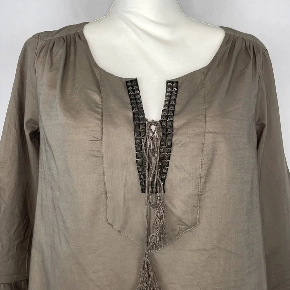 J. Crew 100% Cotton Brown Embellished V-Neck Blouse. Size 4. New With Tags.